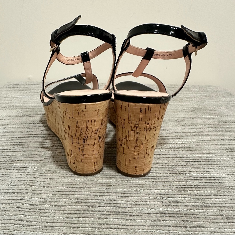 Kate Spade Tallin Black Patent Leather T-Strap Cork Platform Wedge Sandal 10,5 - Picture 4 of 10